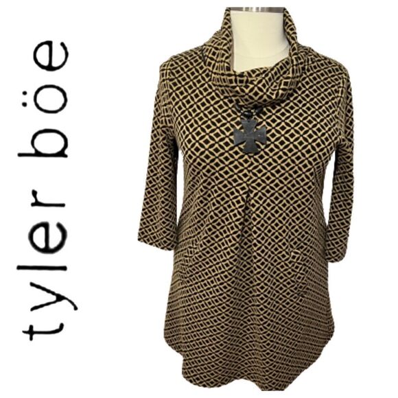 Tyler Boe Cowl Neck‎ Front Pocket Geometric Black/Gold Print Dress - L - Picture 3 of 11